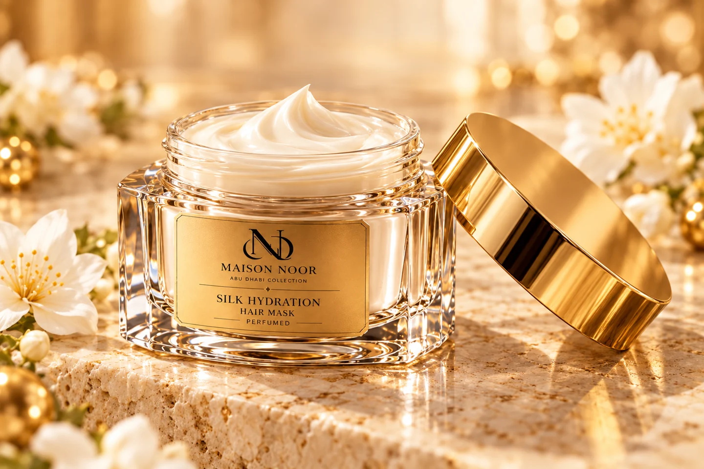 Open Maison Noor Silk Hydration Hair Mask with creamy texture and smooth gold lid.
