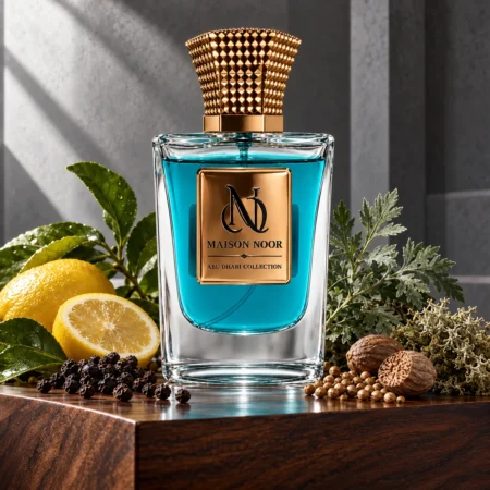 Maison Noor turquoise perfume bottle with lemon leaves, artemisia, peppercorns, coriander, nutmeg and oakmoss on walnut