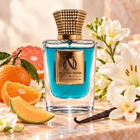 Maison Noor turquoise perfume bottle with mandarin, grapefruit, melon, freesia, lily and vanilla on peach stone