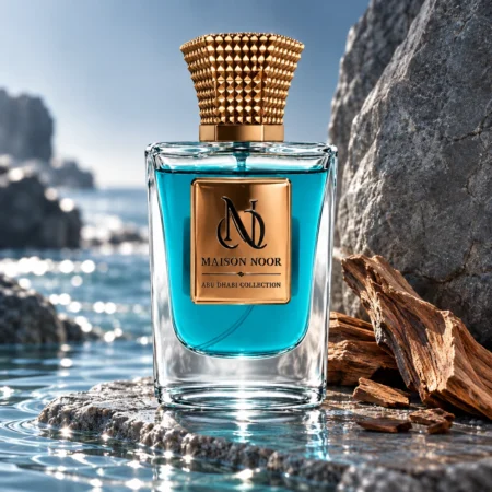 Maison Noor turquoise perfume bottle with sandalwood beside crisp marine water and grey stone