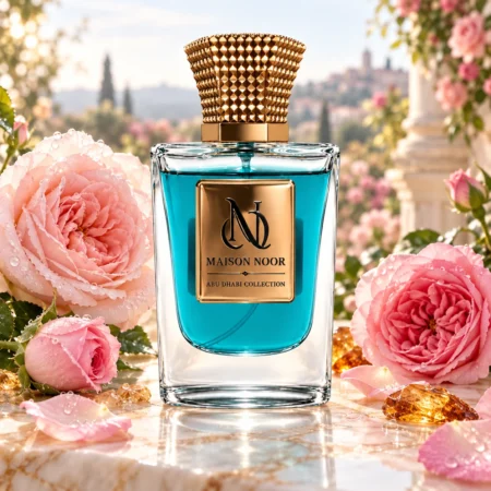 Maison Noor turquoise perfume bottle with fresh centifolia and Damask roses, pink petals and amber accents