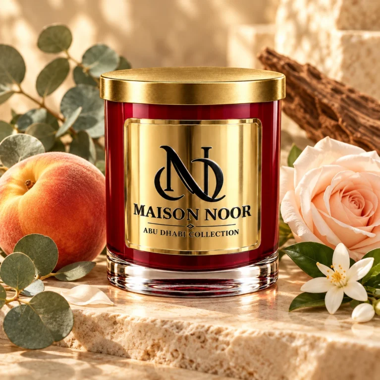 MAISON NOOR Alchemy candle in red glass with gold lid and plaque, styled with eucalyptus, peach, rose and orange blossom.