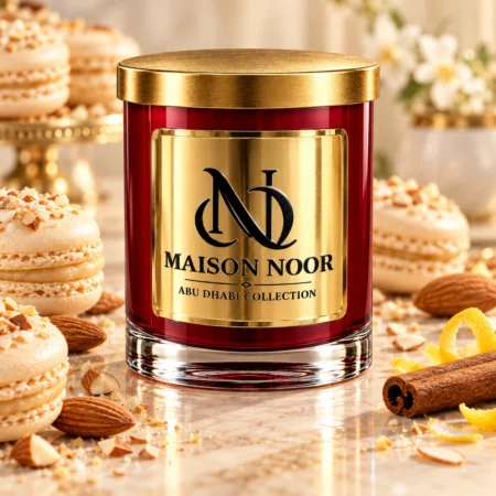 MAISON NOOR Almond Macaron red glass candle with gold lid and plaque, styled with almond macarons, almonds, cinnamon and lemon peel.