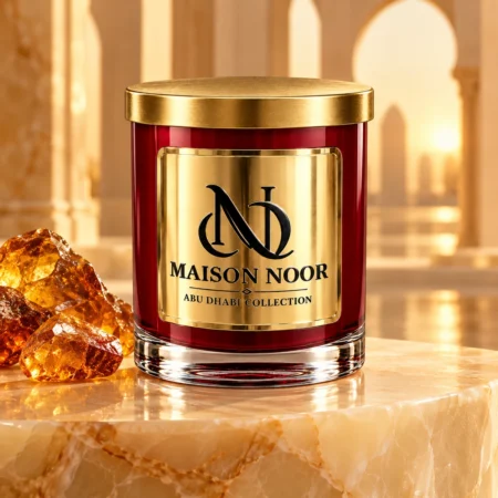 MAISON NOOR Amber Element red glass candle with gold lid and plaque, on ivory onyx beside amber-colored resin in warm architectural light.