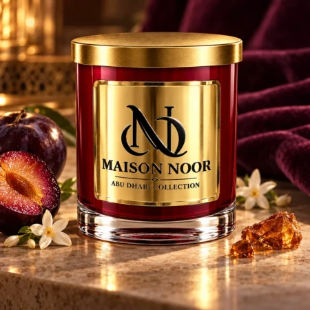 MAISON NOOR Amber Noir red glass candle with gold lid and plaque, styled with dark plum, jasmine and amber resin against plum velvet.