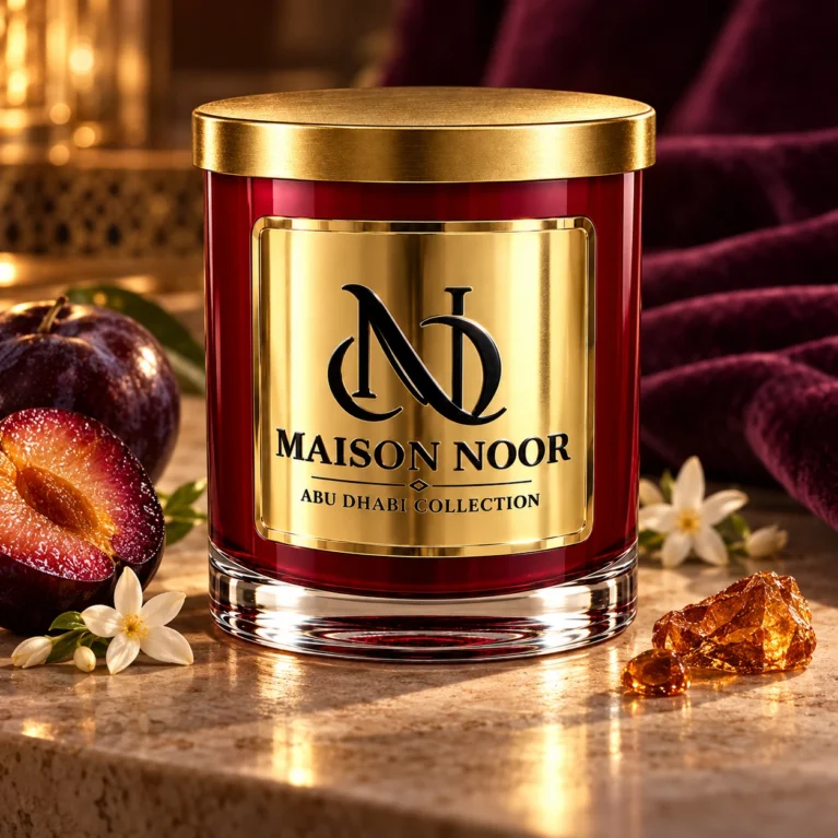 MAISON NOOR Amber Noir red glass candle with gold lid and plaque, styled with dark plum, jasmine and amber resin against plum velvet.