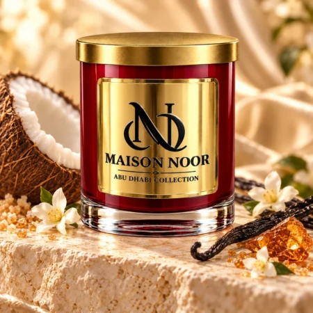 MAISON NOOR Ambered Vanille red glass candle with gold lid, styled with coconut, vanilla pods, jasmine and amber-colored resin on ivory stone.