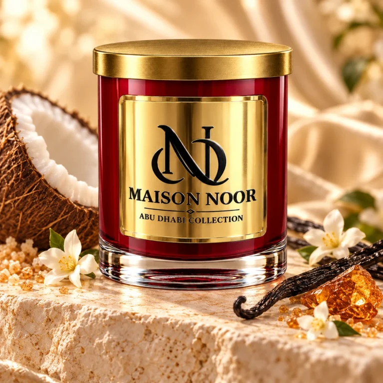 MAISON NOOR Ambered Vanille red glass candle with gold lid, styled with coconut, vanilla pods, jasmine and amber-colored resin on ivory stone.