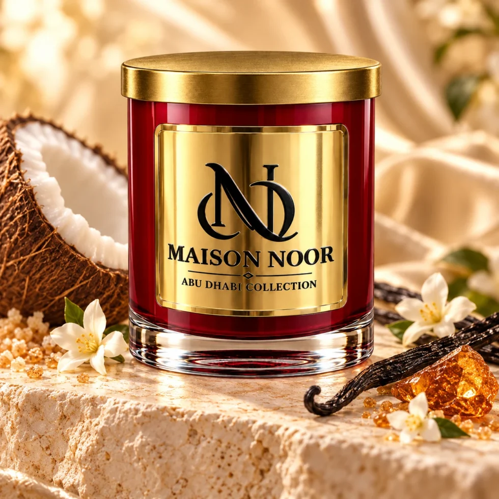 MAISON NOOR Ambered Vanille red glass candle with gold lid, styled with coconut, vanilla pods, jasmine and amber-colored resin on ivory stone.