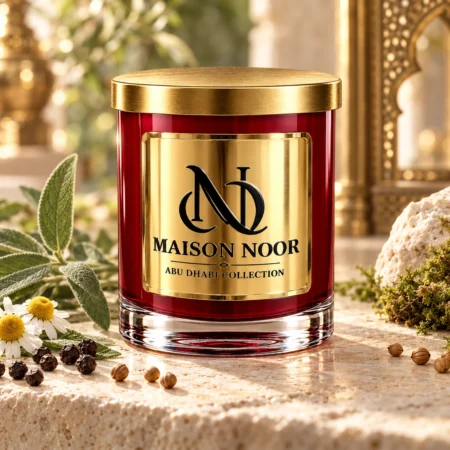 MAISON NOOR Apothecary red glass candle with gold lid and plaque, styled with sage, chamomile, peppercorns, coriander seeds and moss on pale stone.