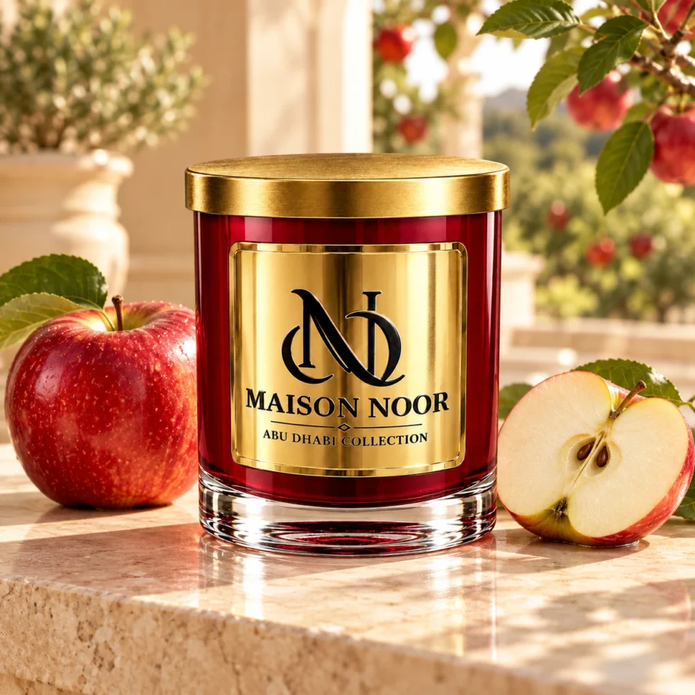 MAISON NOOR Apple Element red glass candle with gold lid and plaque, beside red apples on cream stone in a sunlit orchard setting.