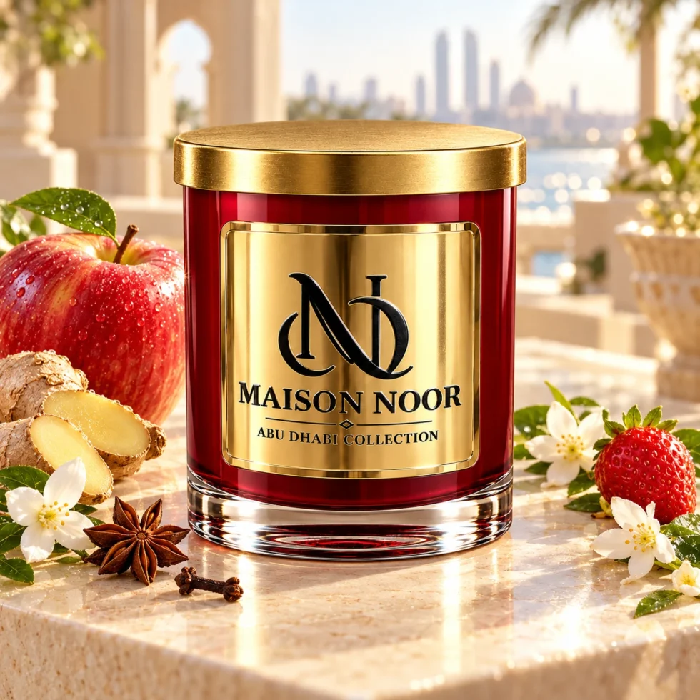 MAISON NOOR Apple Ginger Spritz red glass candle with gold lid, styled with apple, ginger, star anise, cloves, strawberry and jasmine on a sunlit terrace.
