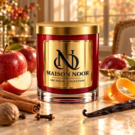 MAISON NOOR Apple Harvest red glass candle with gold lid, styled with apples, cinnamon, nutmeg, cloves, orange peel and vanilla in warm autumn light.