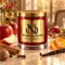 MAISON NOOR Apple Harvest red glass candle with gold lid, styled with apples, cinnamon, nutmeg, cloves, orange peel and vanilla in warm autumn light.