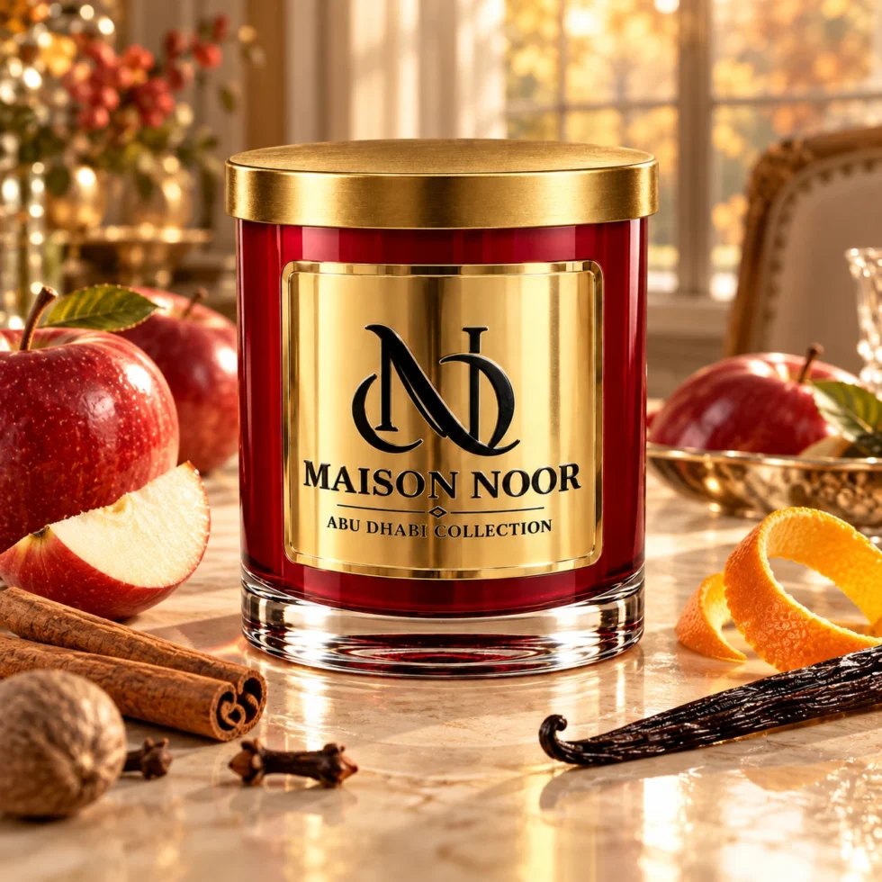 MAISON NOOR Apple Harvest red glass candle with gold lid, styled with apples, cinnamon, nutmeg, cloves, orange peel and vanilla in warm autumn light.