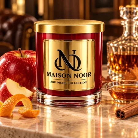MAISON NOOR Apples and Maple Bourbon red glass candle with gold lid, styled with apple, orange peel, cinnamon, maple syrup and a crystal bourbon carafe.