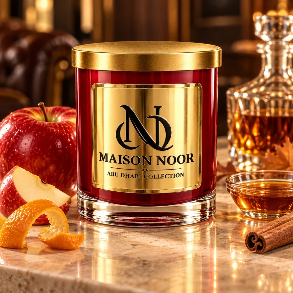 MAISON NOOR Apples and Maple Bourbon red glass candle with gold lid, styled with apple, orange peel, cinnamon, maple syrup and a crystal bourbon carafe.