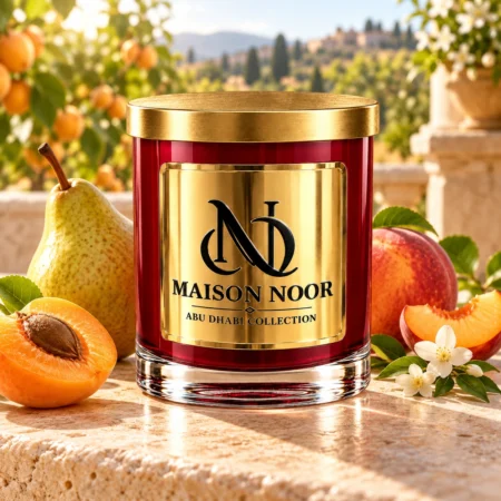 MAISON NOOR Apricot Grove red glass candle with gold lid, styled with pear, apricot, nectarine and jasmine on a sunlit Mediterranean stone terrace.