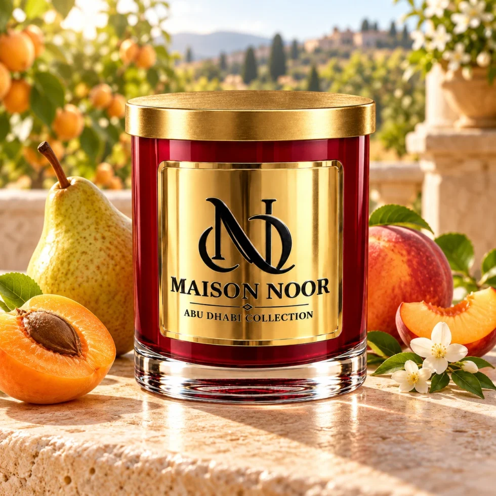 MAISON NOOR Apricot Grove red glass candle with gold lid, styled with pear, apricot, nectarine and jasmine on a sunlit Mediterranean stone terrace.