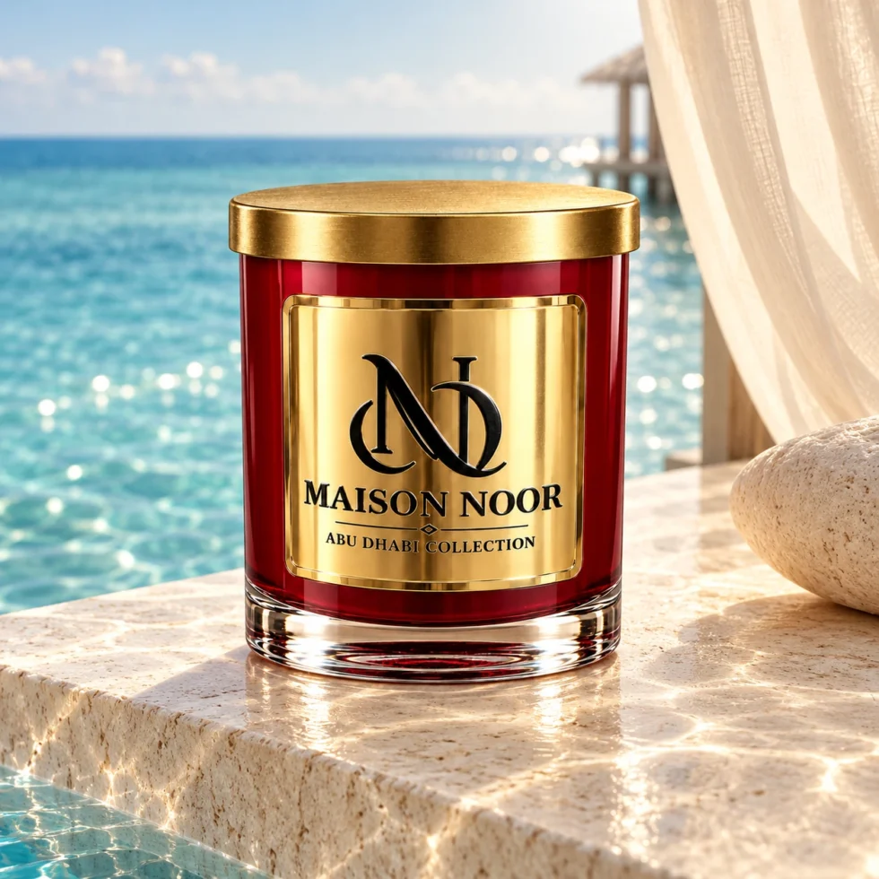 MAISON NOOR Aquatic Element red glass candle with gold lid, on ivory stone beside turquoise ocean water and a sheer cream curtain.