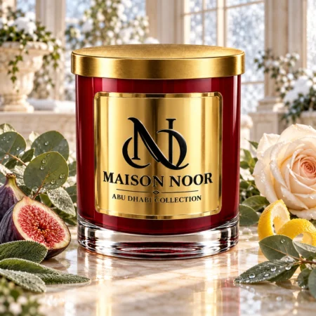 MAISON NOOR Arctic Ivy red glass candle with gold lid, styled with eucalyptus, sage, fig, lemon peel and a pale rose in a bright winter conservatory.