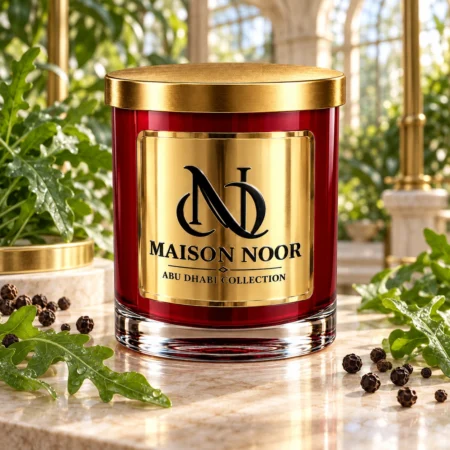 MAISON NOOR Arugula Element red glass candle with gold lid, styled with fresh green arugula leaves and black peppercorns in a sunlit conservatory.