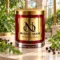 MAISON NOOR Arugula Element red glass candle with gold lid, styled with fresh green arugula leaves and black peppercorns in a sunlit conservatory.