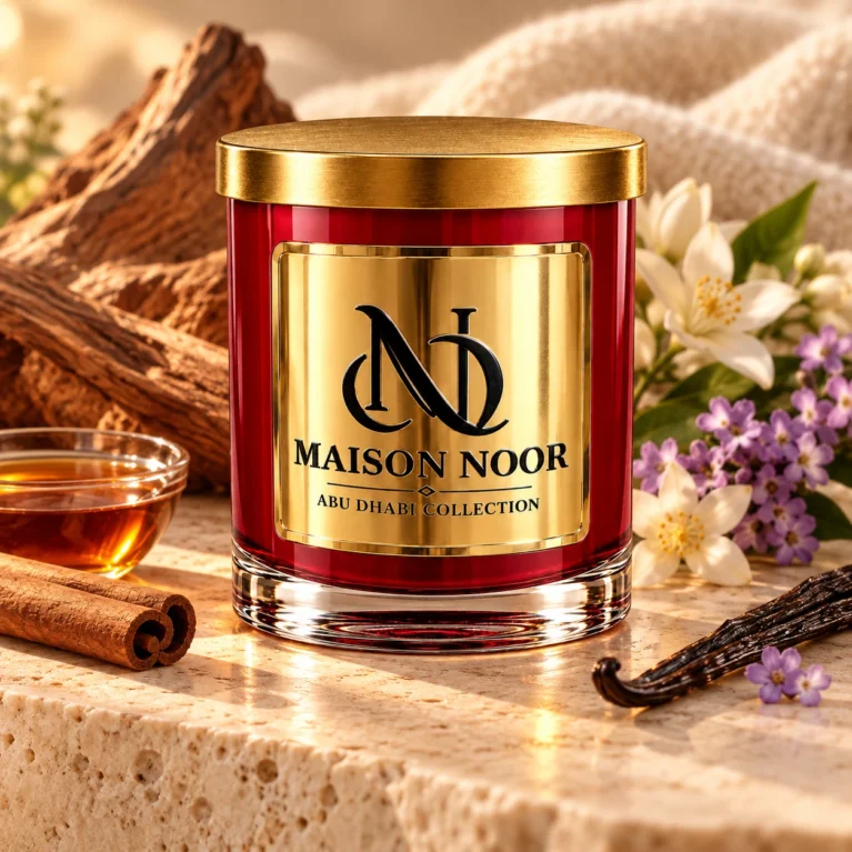 MAISON NOOR Autumn Ambrette red glass candle with gold lid, styled with maple syrup, cinnamon, sandalwood, orange blossom, heliotrope and vanilla on pale stone.