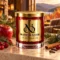 MAISON NOOR Autumn Glow red glass candle with gold lid, styled with apple, cranberry, juniper, pine, cinnamon and cloves in a warm luxury lodge.