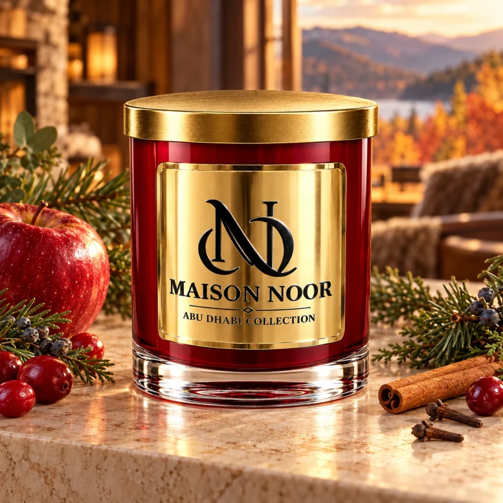 MAISON NOOR Autumn Glow red glass candle with gold lid, styled with apple, cranberry, juniper, pine, cinnamon and cloves in a warm luxury lodge.