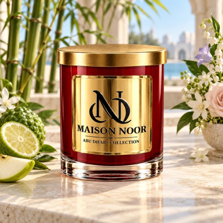 MAISON NOOR Azura red glass candle with gold lid, styled with bamboo, bergamot, apple and delicate flowers on an ivory stone pavilion table.