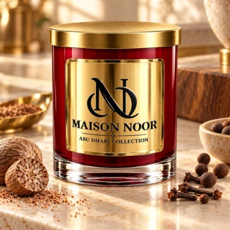MAISON NOOR Baking Spices Element red glass candle with gold lid, styled with nutmeg, cloves and allspice on pale limestone in warm light.