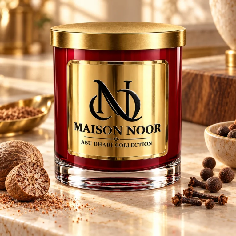 MAISON NOOR Baking Spices Element red glass candle with gold lid, styled with nutmeg, cloves and allspice on pale limestone in warm light.