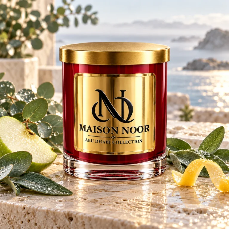 MAISON NOOR Baltic Dew red glass candle with gold lid, styled with dewy eucalyptus, sage, green apple and lemon peel beside a misty sea.