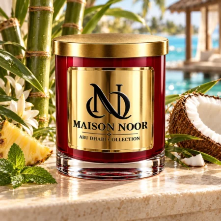 MAISON NOOR Bamboo and Coconut red glass candle with gold lid, styled with bamboo, coconut, pineapple and mint in a luxury tropical lagoon pavilion.