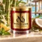 MAISON NOOR Bamboo and Coconut red glass candle with gold lid, styled with bamboo, coconut, pineapple and mint in a luxury tropical lagoon pavilion.