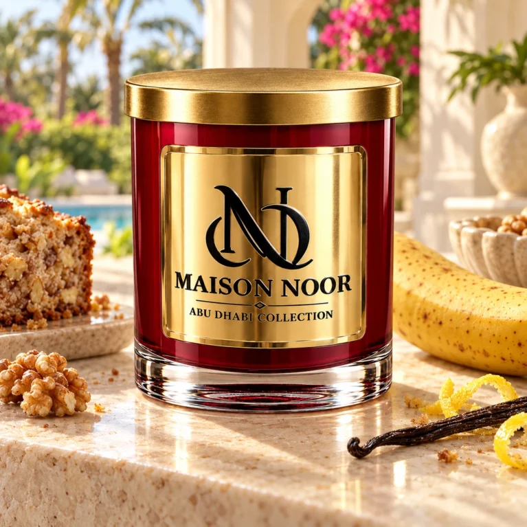 MAISON NOOR Banana Nut Bread red glass candle with gold lid, styled with banana walnut bread, banana, walnuts, lemon peel and vanilla in a tropical villa.