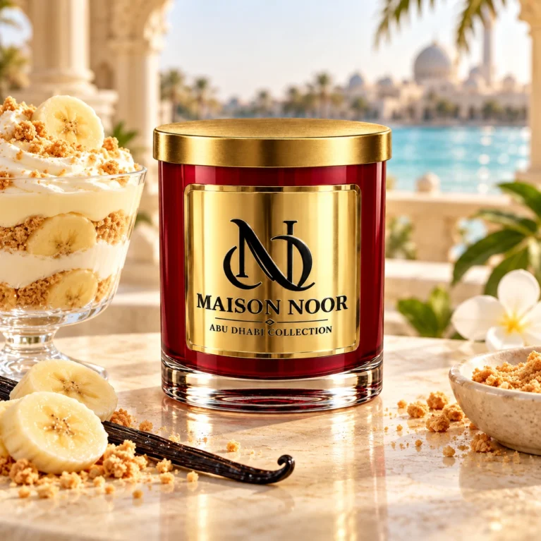 MAISON NOOR Banana Pudding Parfait red glass candle with gold lid, styled with banana cream parfait, banana slices, vanilla and pastry crumbs on a tropical terrace.