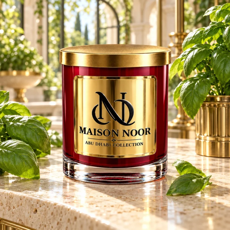 MAISON NOOR Basil Element red glass candle with gold lid, styled with fresh basil leaves on ivory travertine in a sunlit herb conservatory.
