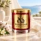MAISON NOOR Beach Linen red glass candle with gold lid, styled with cream linen, cotton and orange blossoms beside a bright ocean view.
