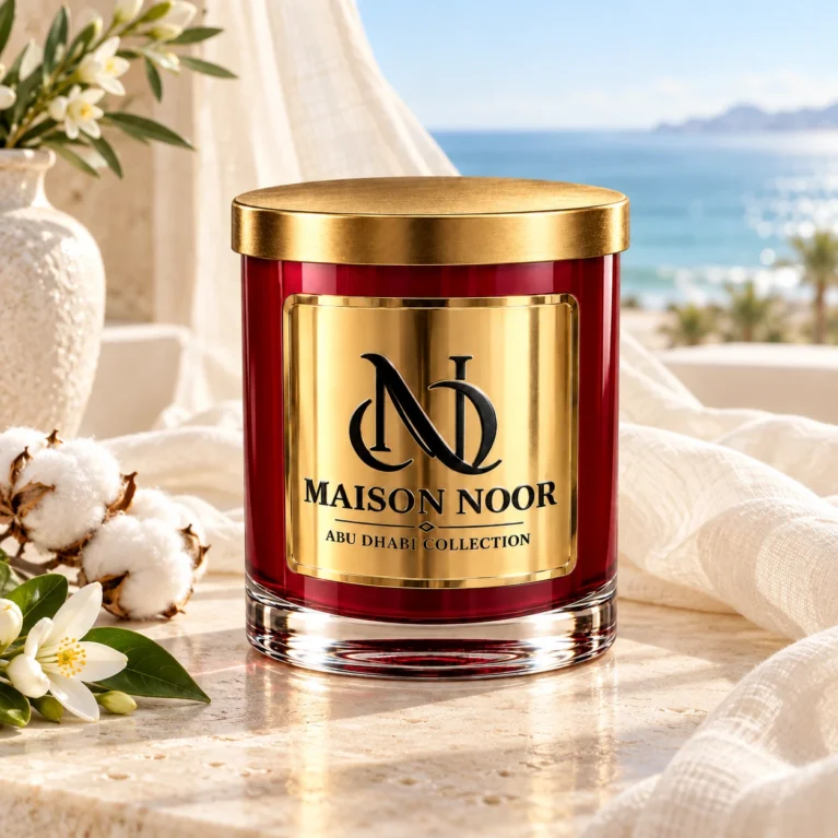 MAISON NOOR Beach Linen red glass candle with gold lid, styled with cream linen, cotton and orange blossoms beside a bright ocean view.