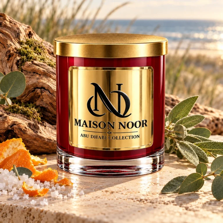 MAISON NOOR Beachwood red glass candle with gold lid, styled with driftwood, moss, eucalyptus, sage, sea salt and orange peel beside coastal dunes.