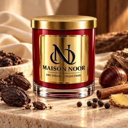 MAISON NOOR Black Cardamom and Cream red glass candle with gold lid, styled with black cardamom, cinnamon, peppercorns, ginger, chestnut and warm wood.
