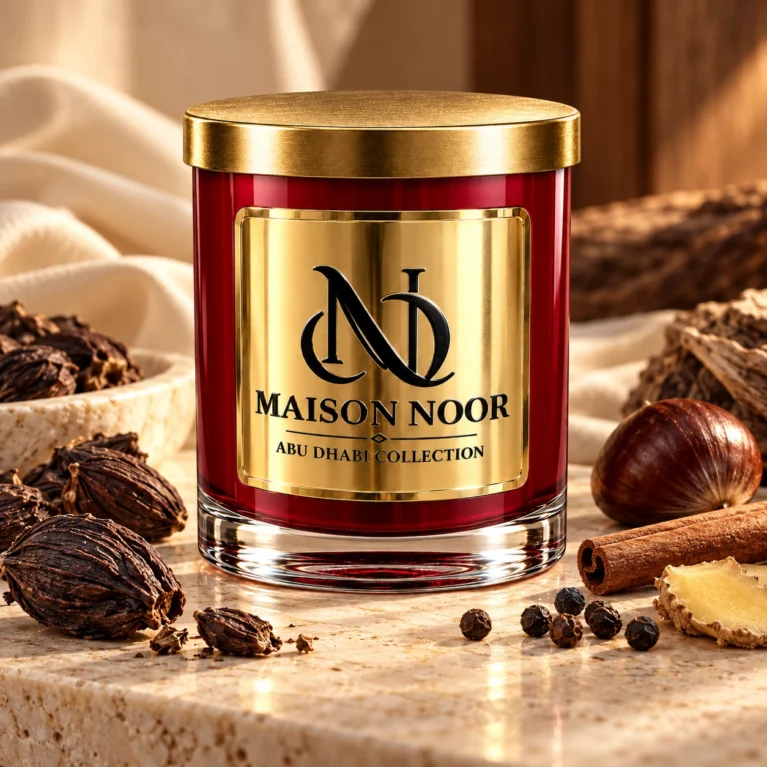 MAISON NOOR Black Cardamom and Cream red glass candle with gold lid, styled with black cardamom, cinnamon, peppercorns, ginger, chestnut and warm wood.