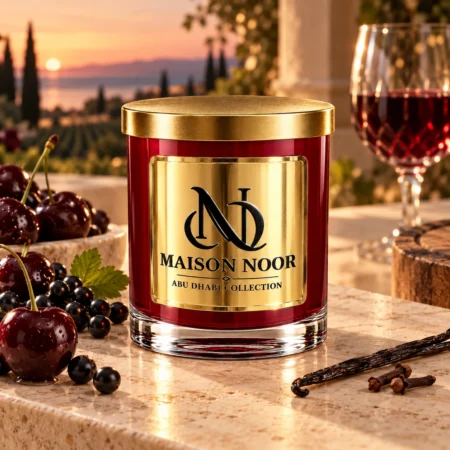 MAISON NOOR Black Cherry Merlot red glass candle with gold lid, styled with dark cherries, black currants, red wine, oak, vanilla and cloves at sunset.