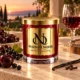 MAISON NOOR Black Cherry Merlot red glass candle with gold lid, styled with dark cherries, black currants, red wine, oak, vanilla and cloves at sunset.