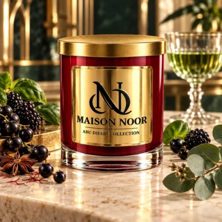 MAISON NOOR Black Currant Absinthe red glass candle with gold lid, styled with black currants, blackberries, star anise, basil, eucalyptus and an absinthe glass.