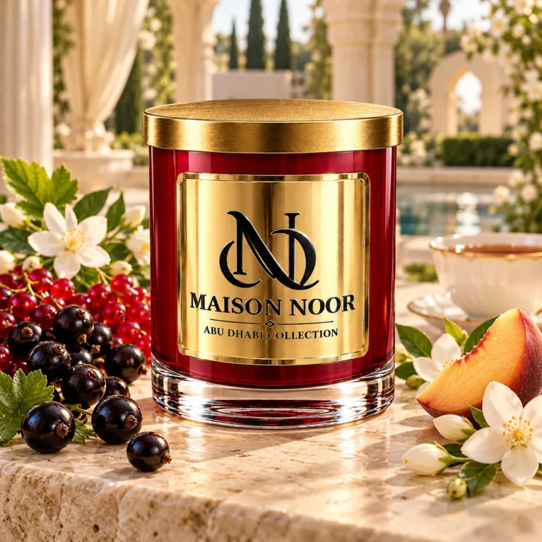 MAISON NOOR Black Currant and Jasmine red glass candle with gold lid, styled with black and red currants, jasmine, peach and black tea in a garden pavilion.