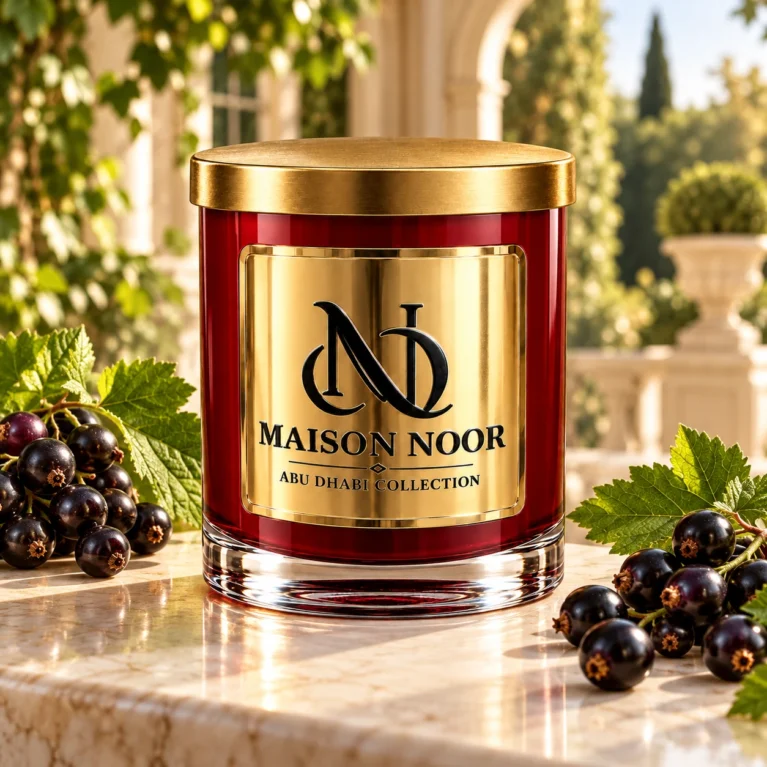MAISON NOOR Black Currant Element red glass candle with gold lid, styled with fresh black currant clusters and leaves on ivory stone in an elegant garden.