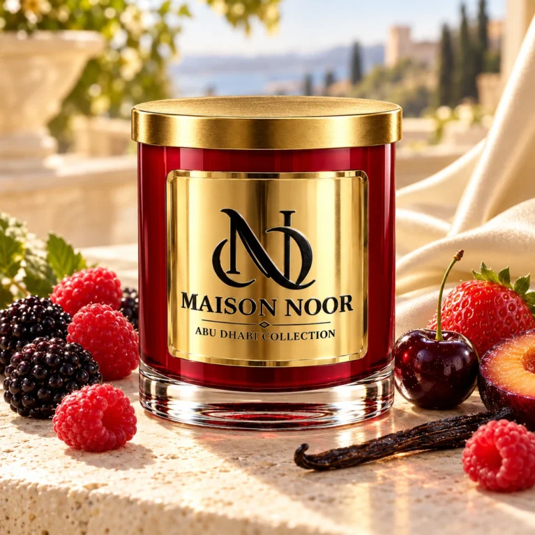 MAISON NOOR Black Raspberry Vanilla red glass candle with gold lid, styled with dark and red raspberries, cherry, strawberry, plum and vanilla on ivory stone.
